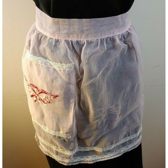 Vintage Pink Half Apron Sheer‎ Lace Trim Embroidered Pocket Hostess Apron T10 - Picture 1 of 4